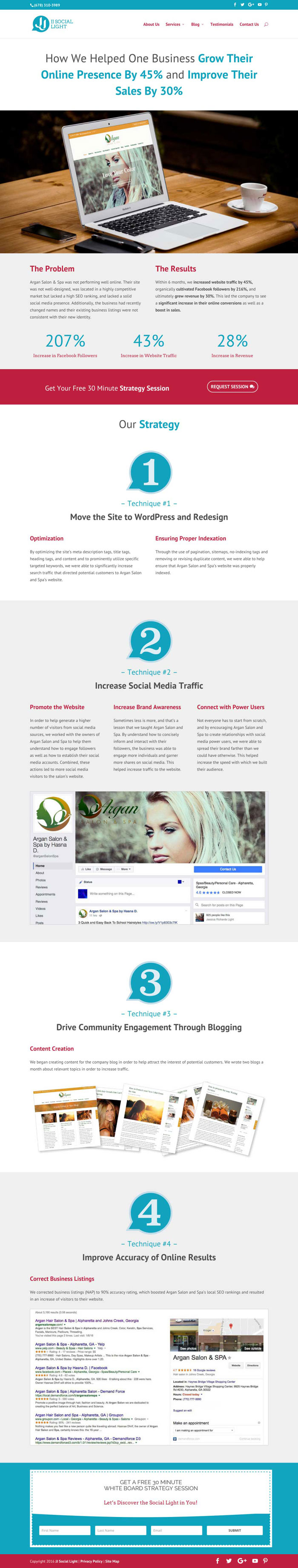JJ Social Light Landing Page - Online Marketing Client Case Study